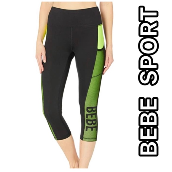 NWT BEBE SPORT NET MESH CAPRI LEGGING in BLACK & NEON YELLOW COLOR - Picture 1 of 12